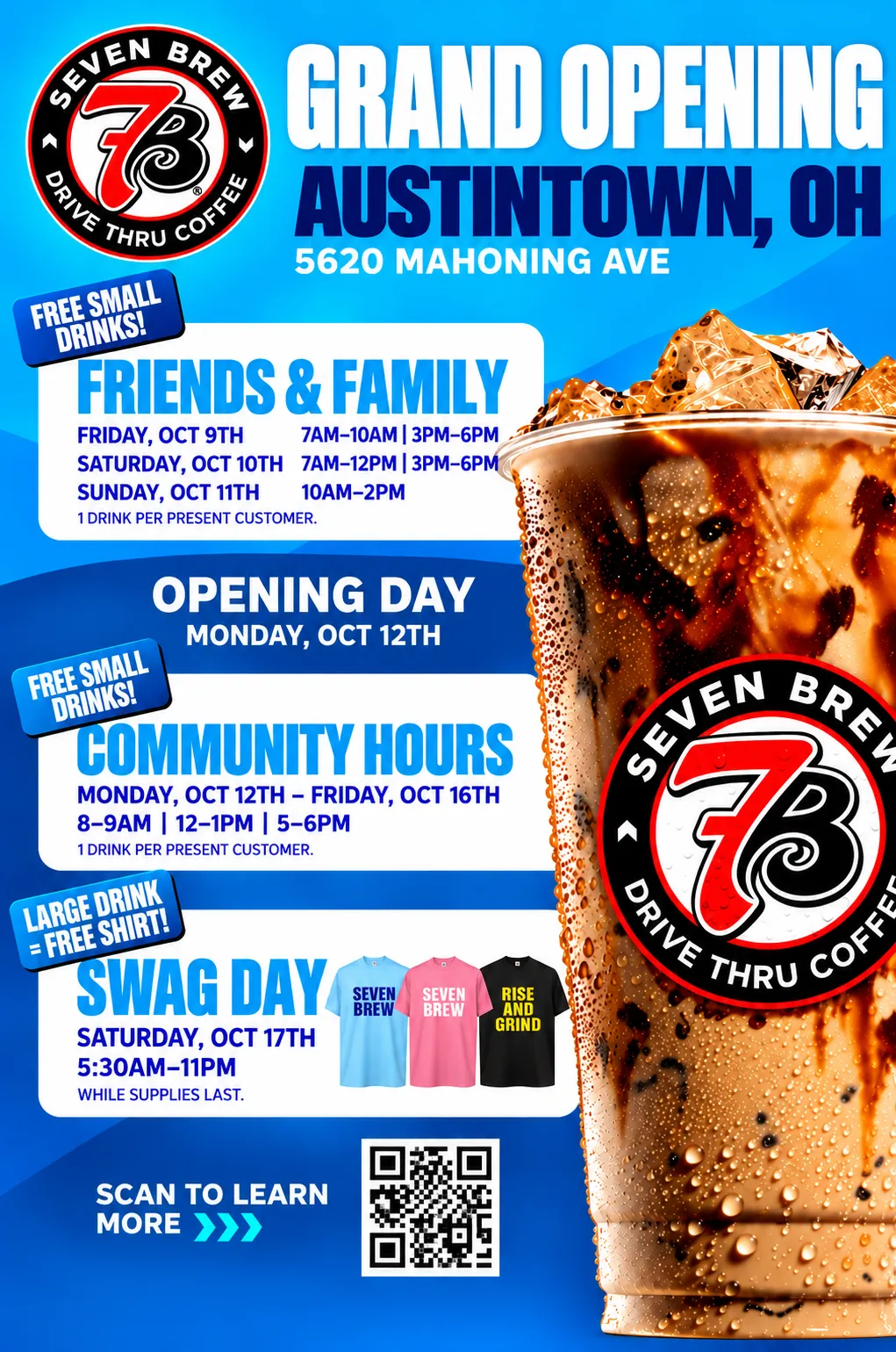 7 Brew Coffee grand opening flyer for 5620 Mahoning Avenue, Austintown, Ohio, showing full event schedule