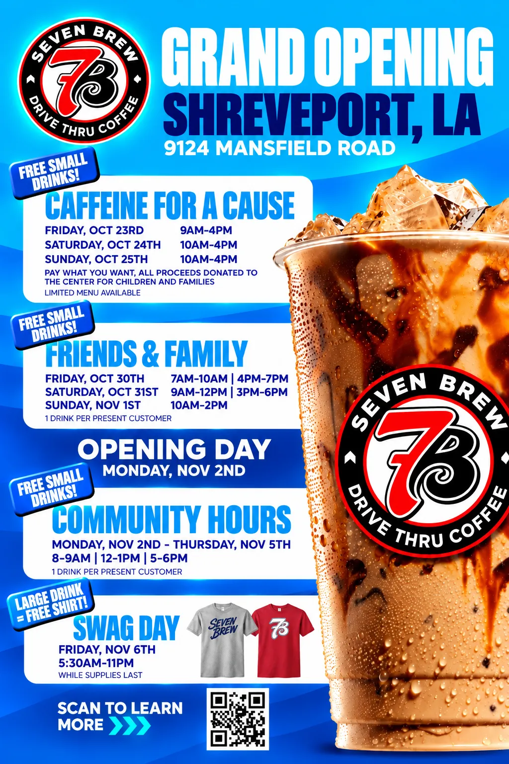 7 Brew official grand opening flyer for 9124 Mansfield Road, Shreveport, LA with Caffeine for a Cause, Friends and Family, Community Hours, and Swag Day schedule