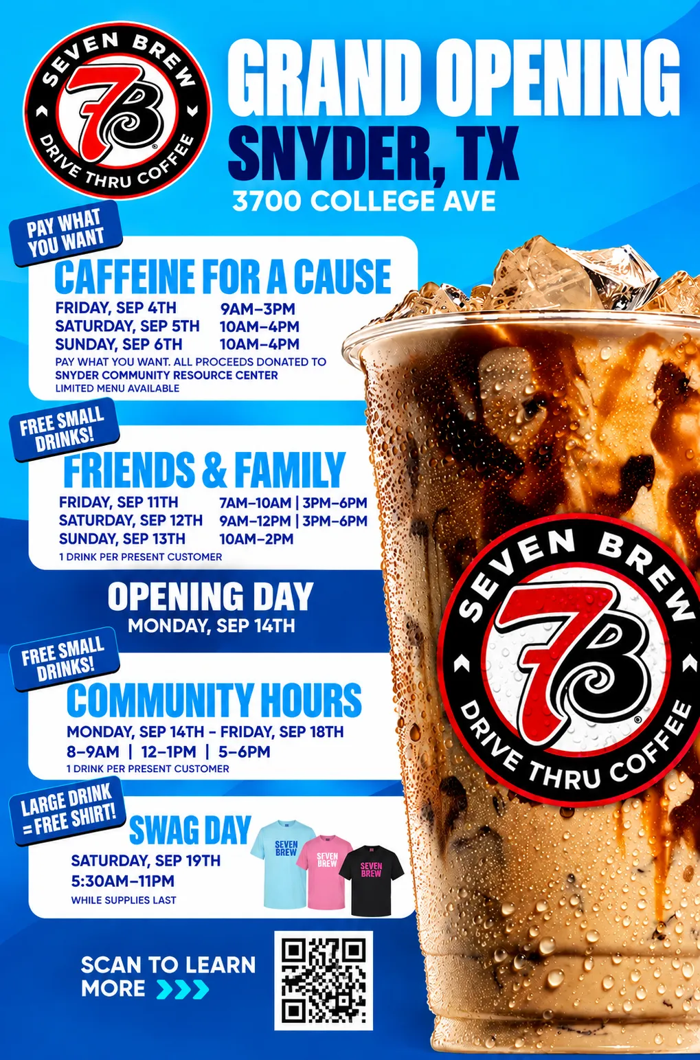 7 Brew Coffee grand opening flyer for 3700 College Avenue, Snyder, Texas, showing full event schedule