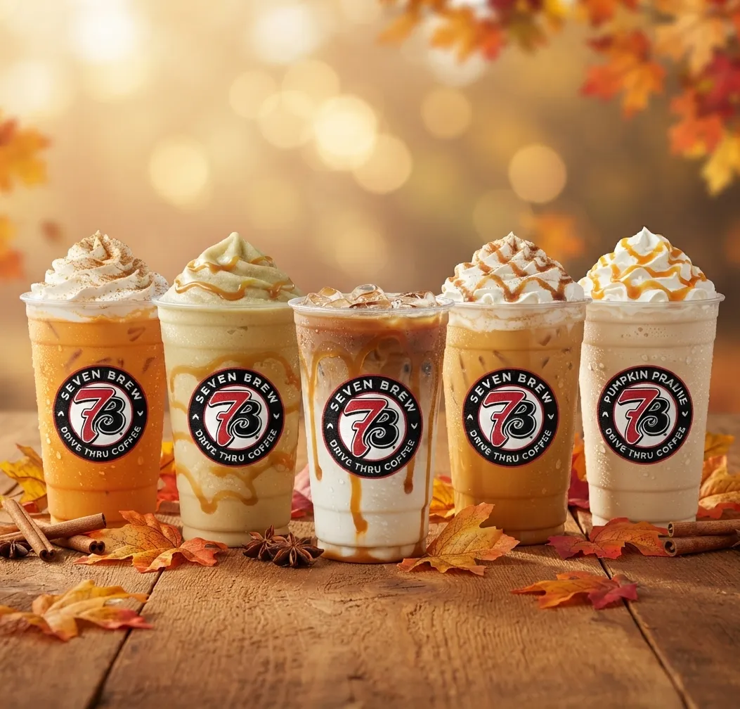 7 Brew Next Stop Fall Flavor 2026 menu featuring Pumpkin Blondie Breve, Drizzled Apple Energy Frozen Chiller, Caramel Apple Pie Macchiato, Apple Butter Chai, and Pumpkin Roll Shake