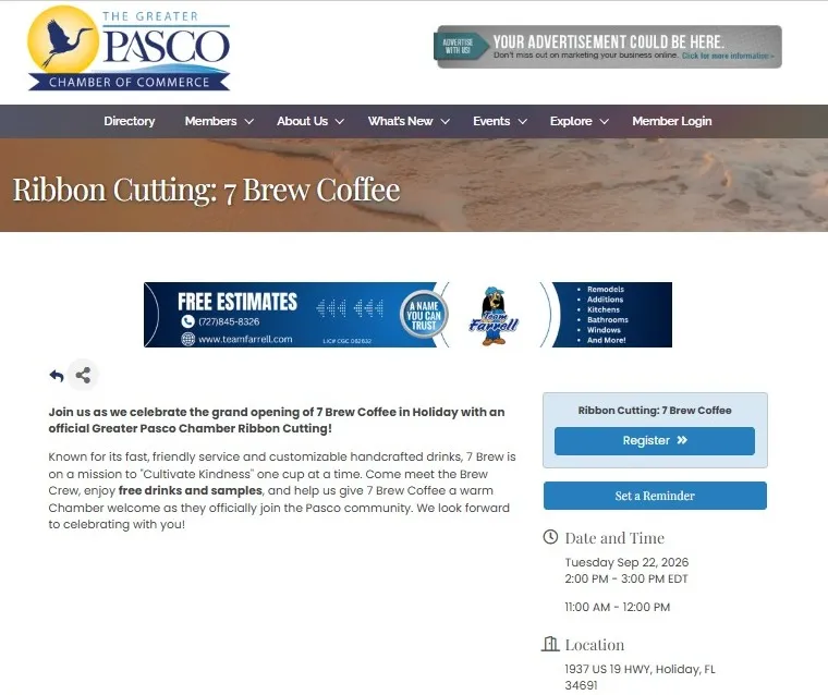 7 Brew Coffee ribbon cutting event listing for Holiday, Florida, rescheduled to September 22, 2026