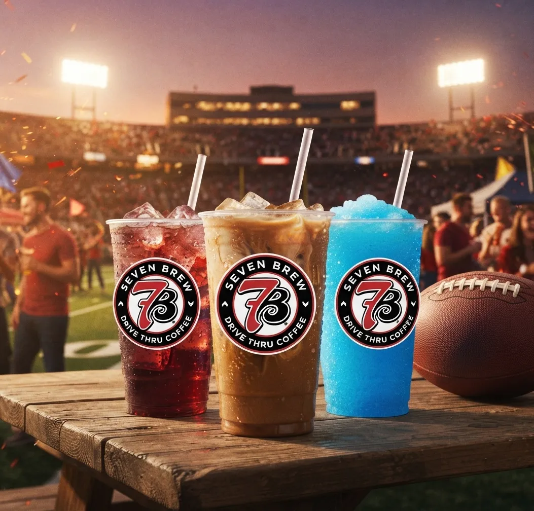 7 Brew Sips for Kicks college football promotion banner, when they score you score, BOGO free drink offer