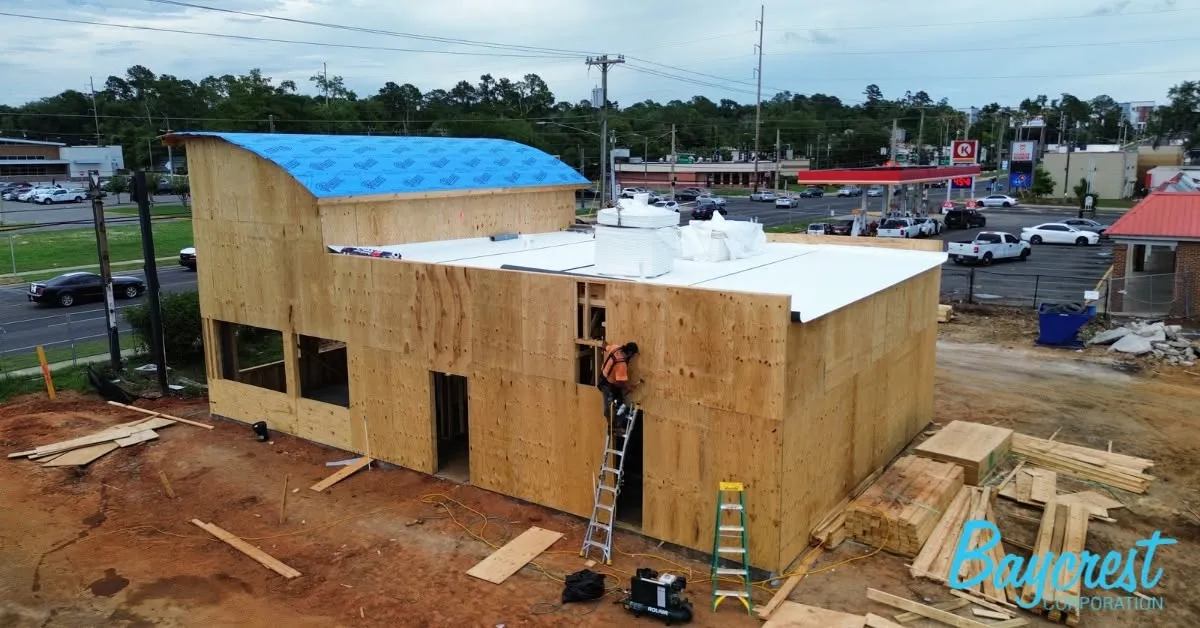 7 Brew Coffee under construction at 2037 Pensacola Street, Tallahassee, Florida, framing underway