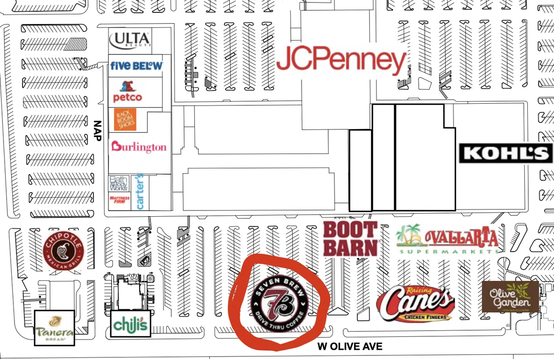Site map of Marketplace at Merced mall showing a planned 7 Brew Coffee pad location near Raising Cane's and Olive Garden on West Olive Avenue