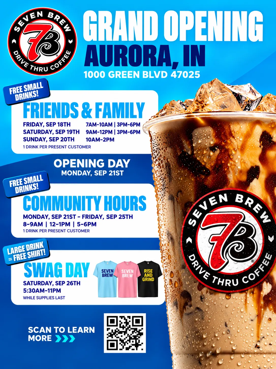 7 Brew Coffee grand opening flyer for 1000 Green Boulevard, Aurora, Indiana, showing full event schedule
