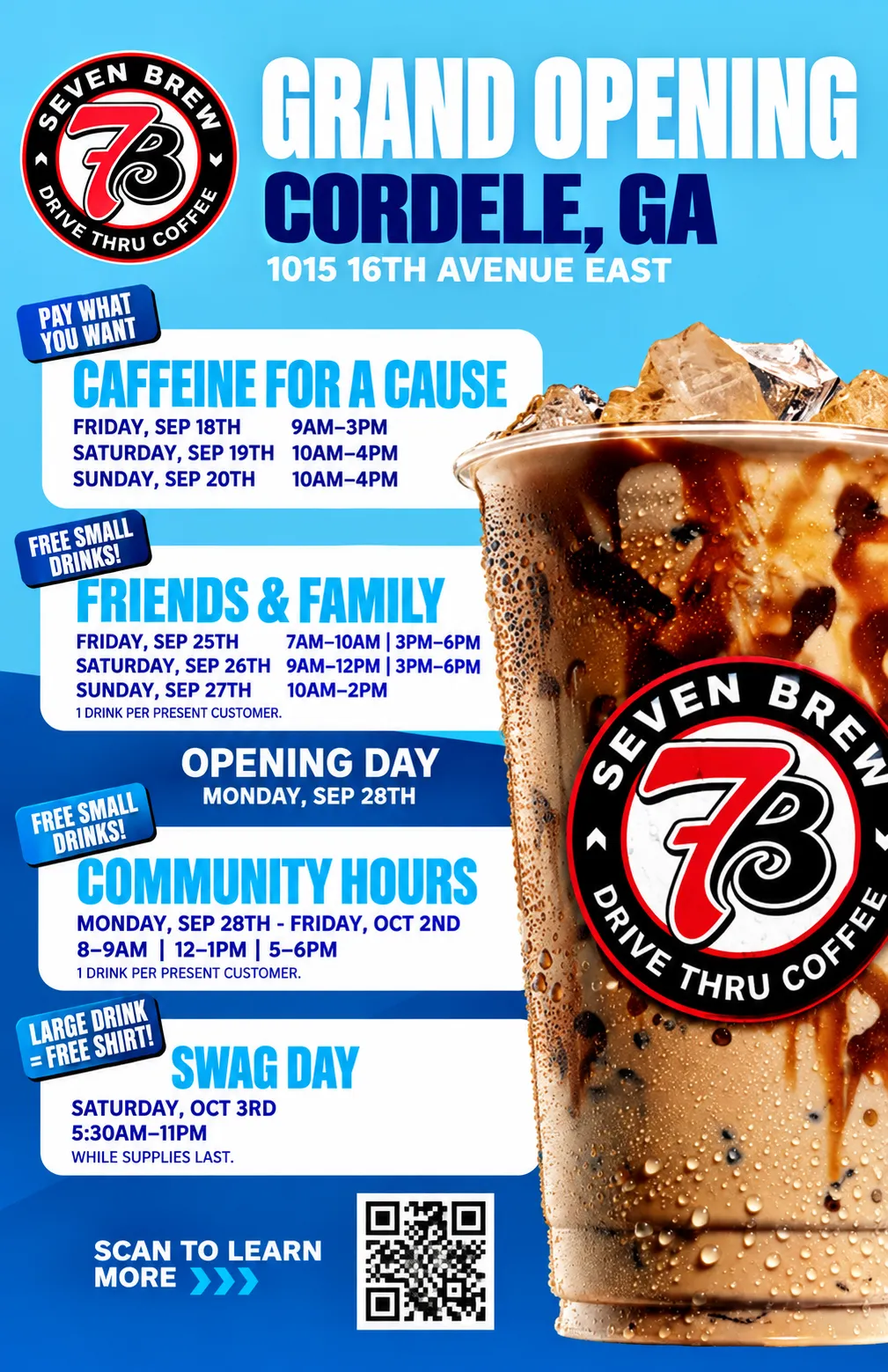 7 Brew Coffee grand opening flyer for 1015 16th Avenue East, Cordele, Georgia, showing full event schedule