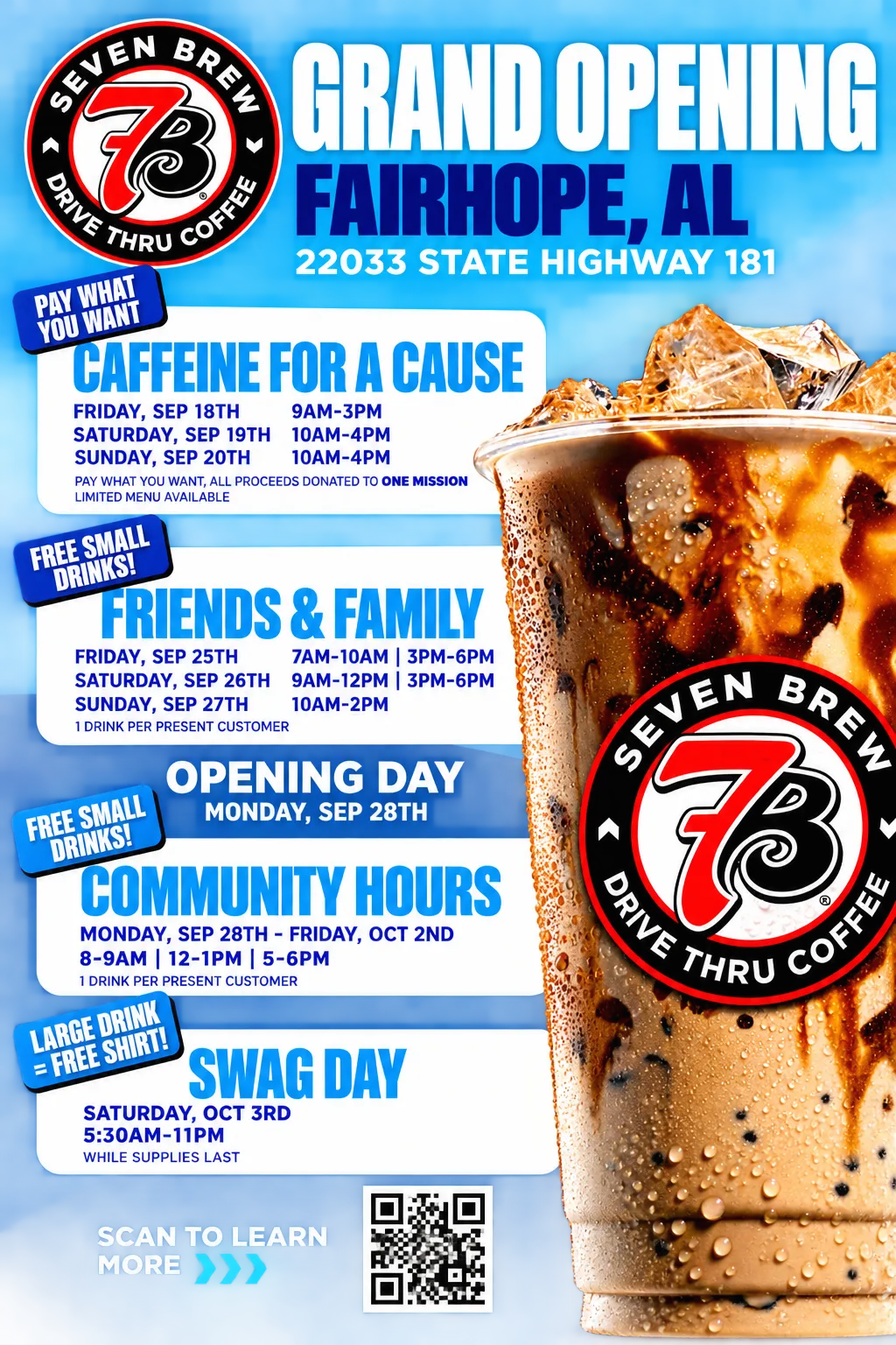 7 Brew Coffee grand opening flyer for 22033 State Highway 181, Fairhope, Alabama, showing full event schedule