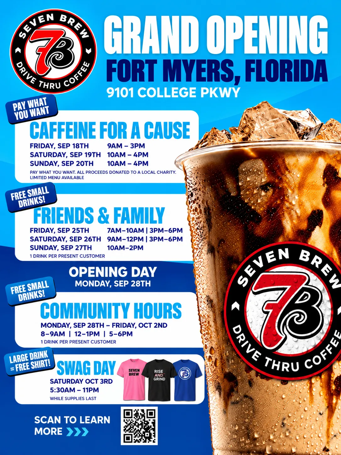 7 Brew Coffee grand opening flyer for 9101 College Pkwy, Fort Myers, Florida, showing full event schedule
