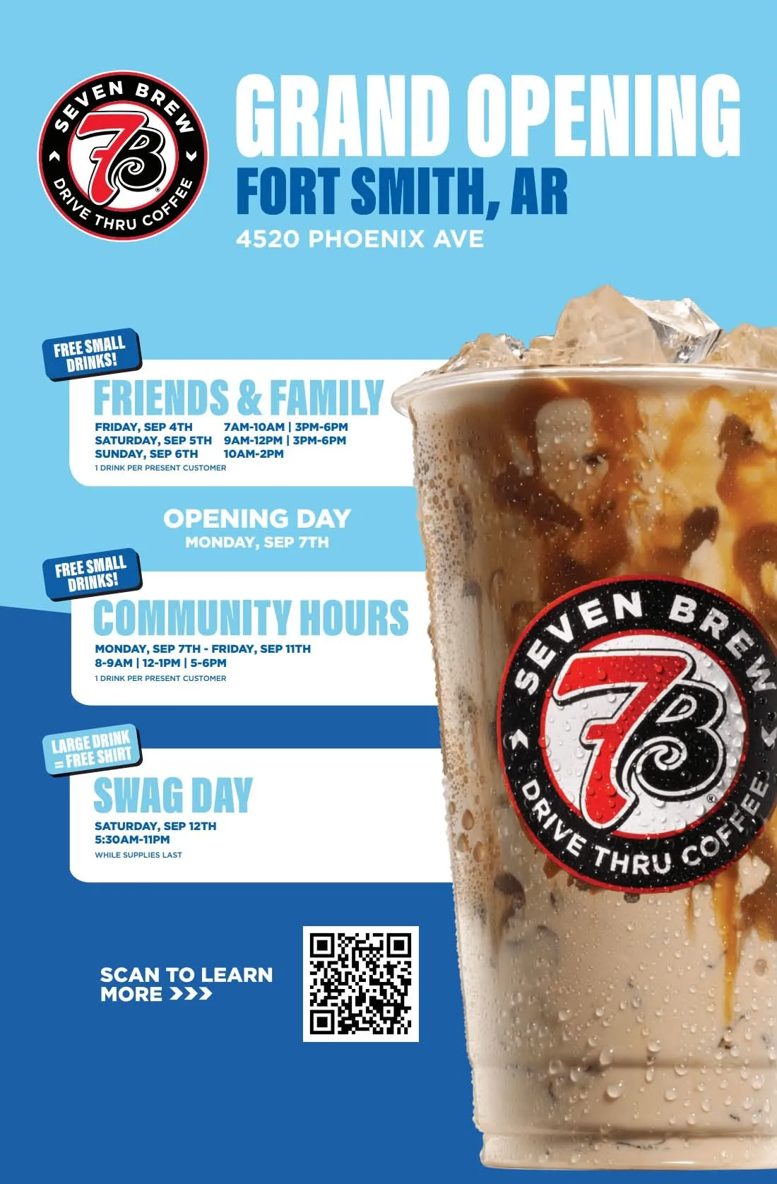 7 Brew Coffee grand opening flyer for 4520 Phoenix Ave, Fort Smith, Arkansas, showing full event schedule