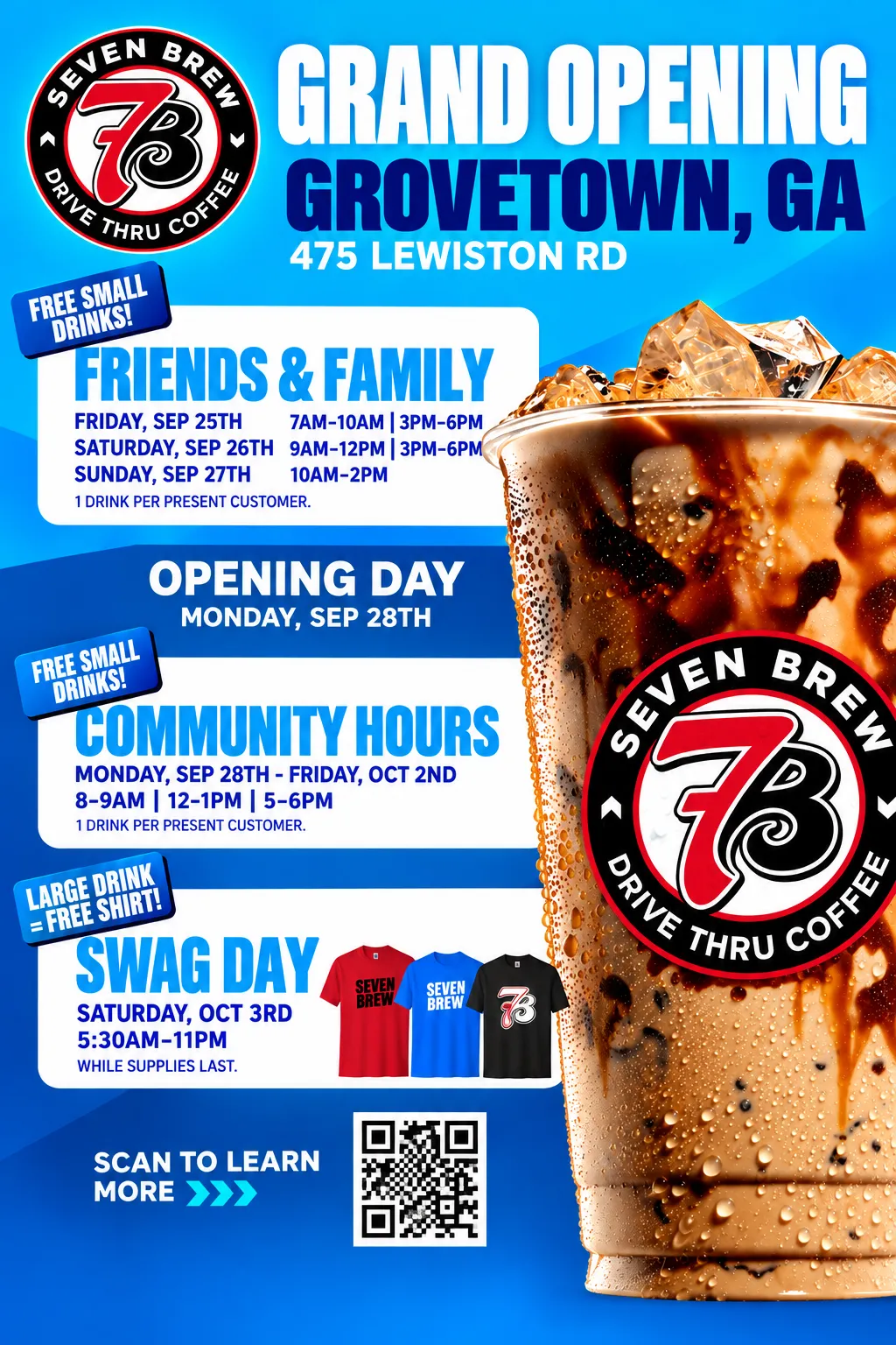 7 Brew Coffee grand opening flyer for 475 Lewiston Road, Grovetown, Georgia, showing full event schedule