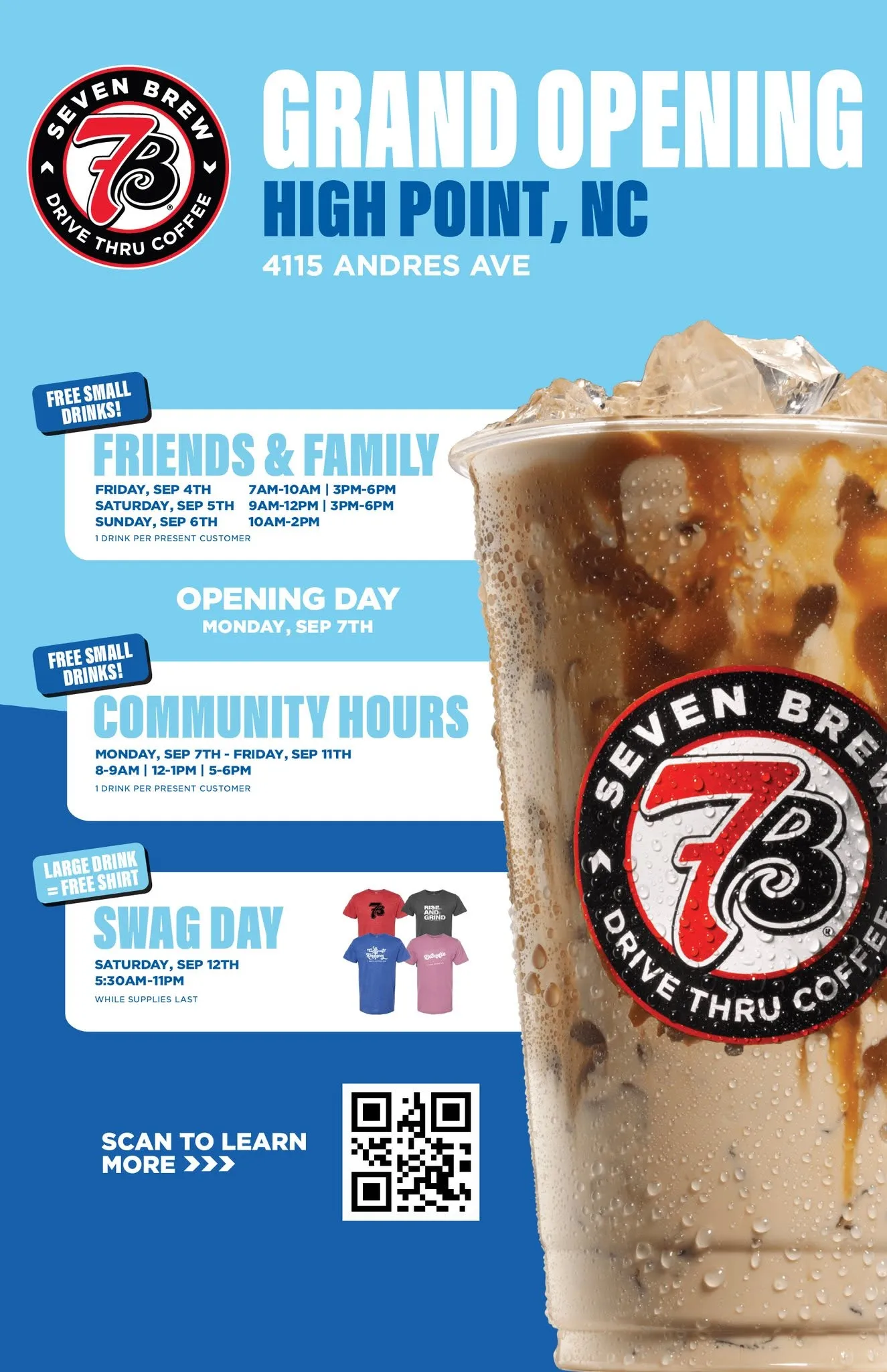7 Brew Coffee grand opening flyer for 4115 Andres Ave, High Point, North Carolina, showing full event schedule
