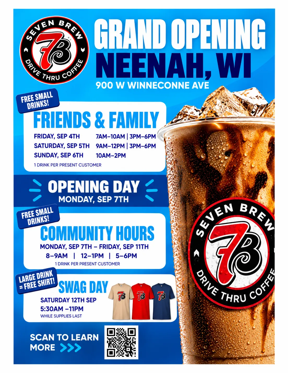 7 Brew Coffee grand opening flyer for 900 W Winneconne Ave, Neenah, Wisconsin, showing full event schedule