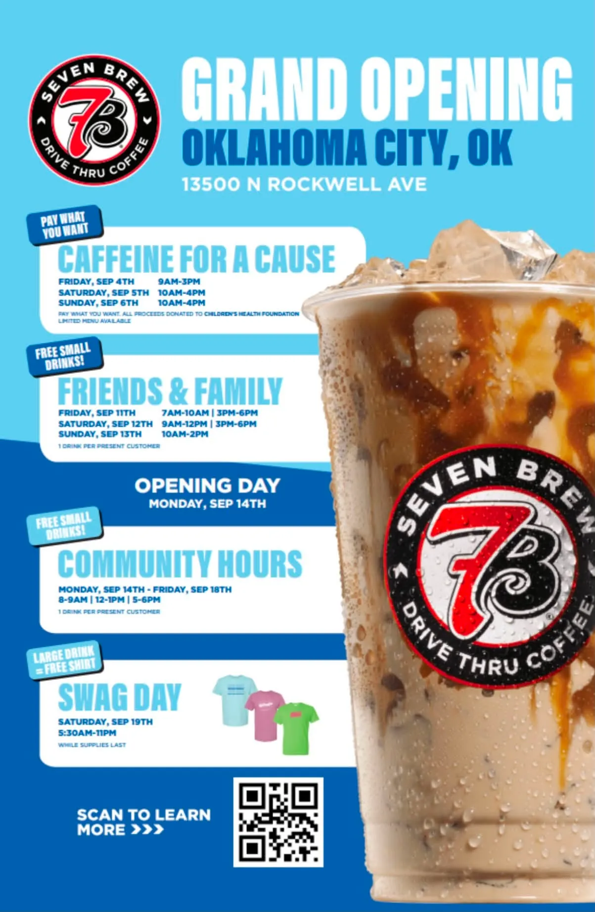7 Brew Coffee grand opening flyer for 13500 North Rockwell Avenue, Oklahoma City, Oklahoma, showing full event schedule
