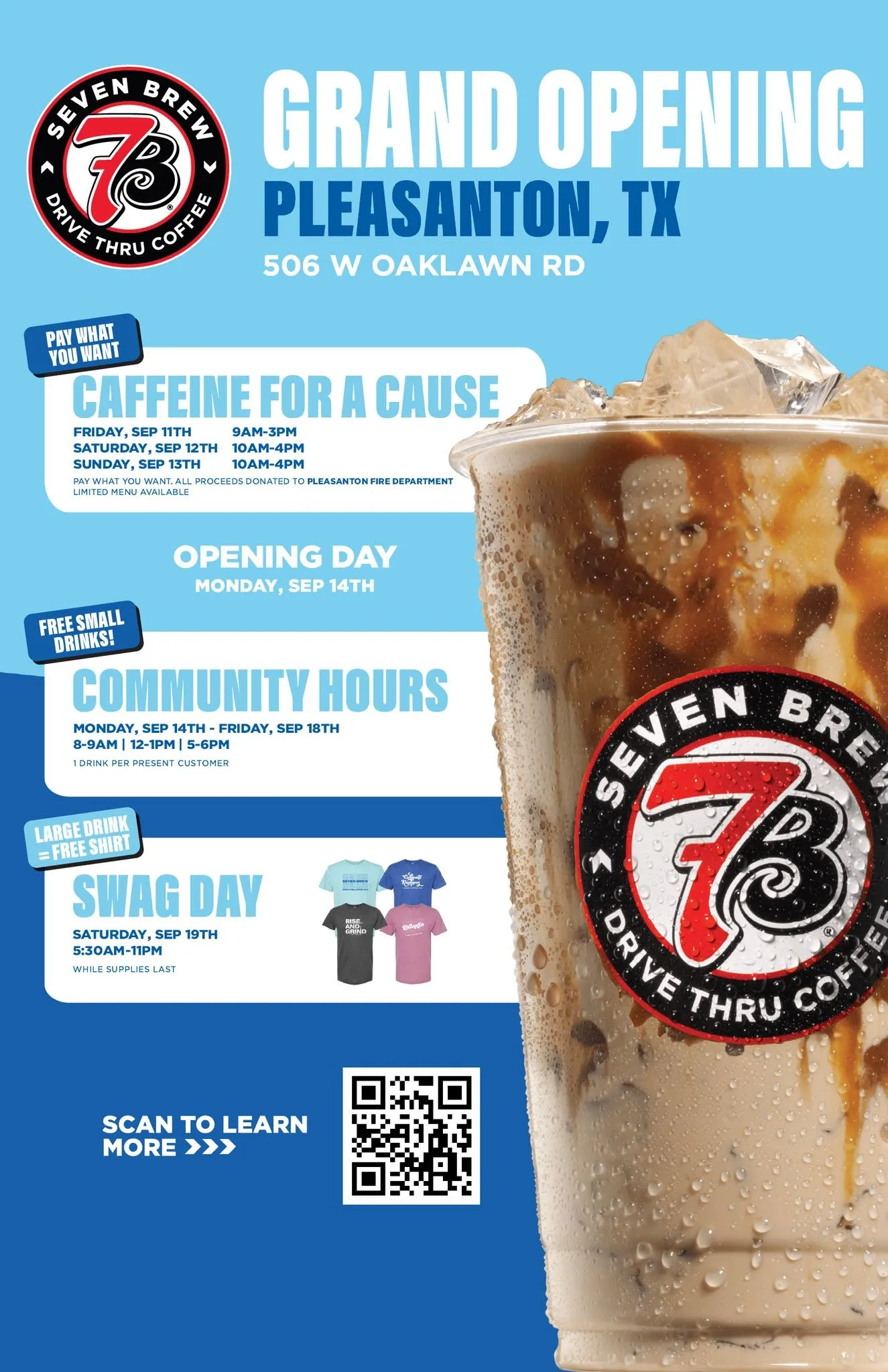 7 Brew Coffee grand opening flyer for the new stand in Pleasanton, Texas, showing full event schedule