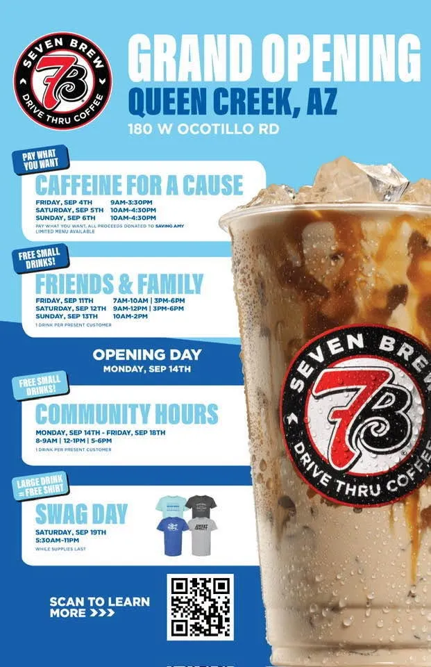 7 Brew Coffee grand opening flyer for 180 West Ocotillo Road, Queen Creek, Arizona, showing full event schedule