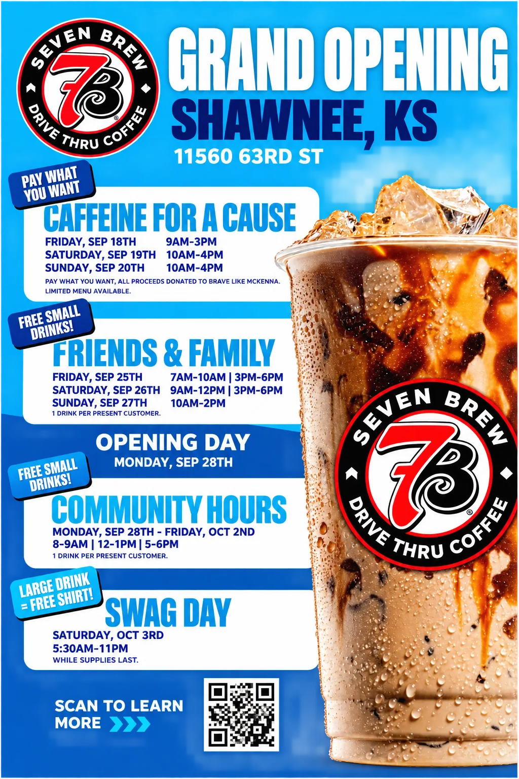 7 Brew Coffee grand opening flyer for 11560 West 63rd Street, Shawnee, Kansas, showing full event schedule