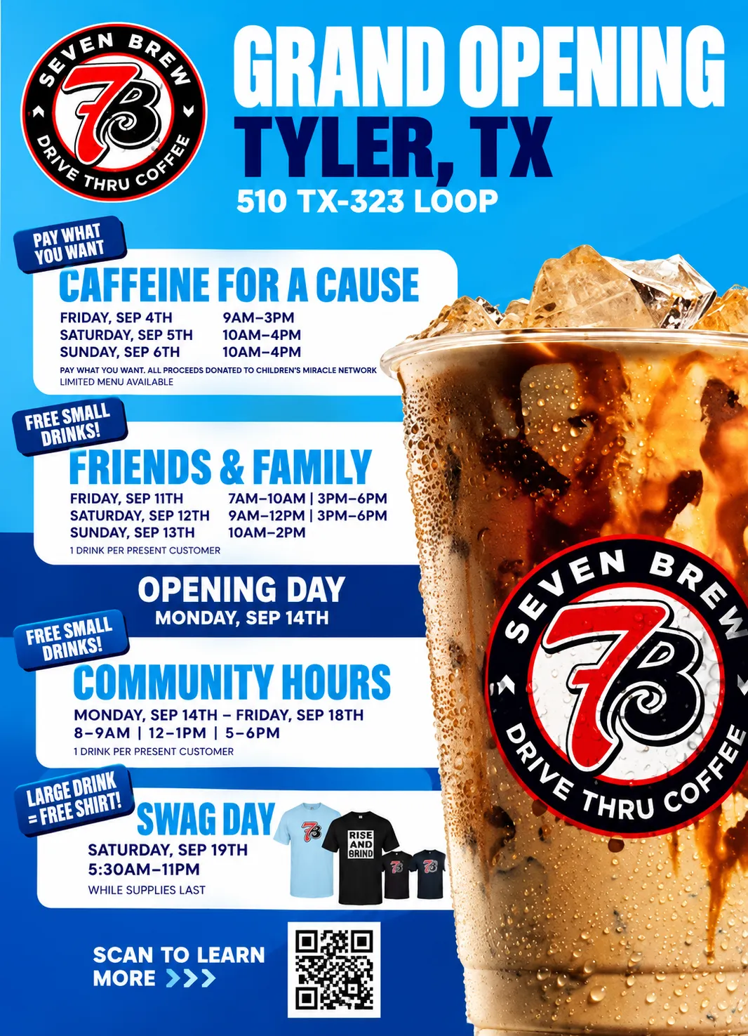 7 Brew Coffee grand opening flyer for 510 South Southeast Loop 323, Tyler, Texas, showing full event schedule