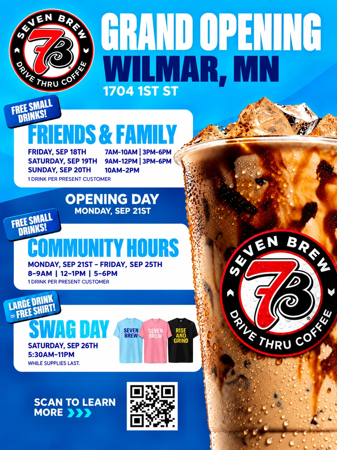 7 Brew Coffee grand opening flyer for 1704 1st St, Willmar, Minnesota, showing full event schedule