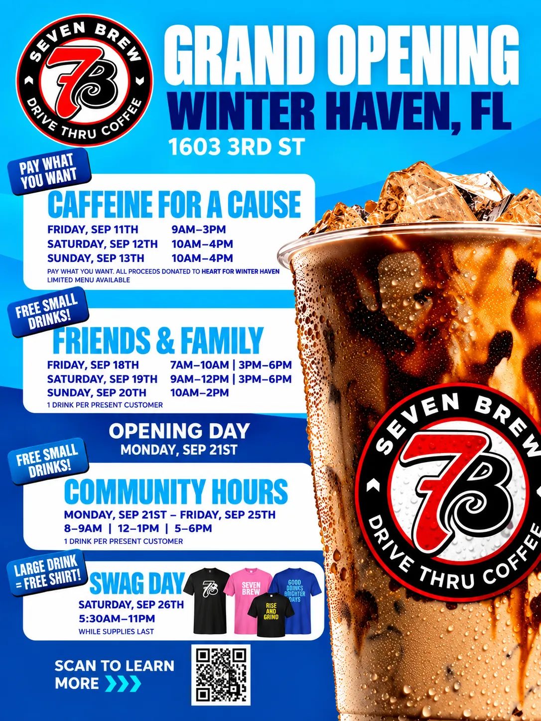 7 Brew Coffee grand opening flyer for 1603 3rd St, Winter Haven, Florida, showing full event schedule