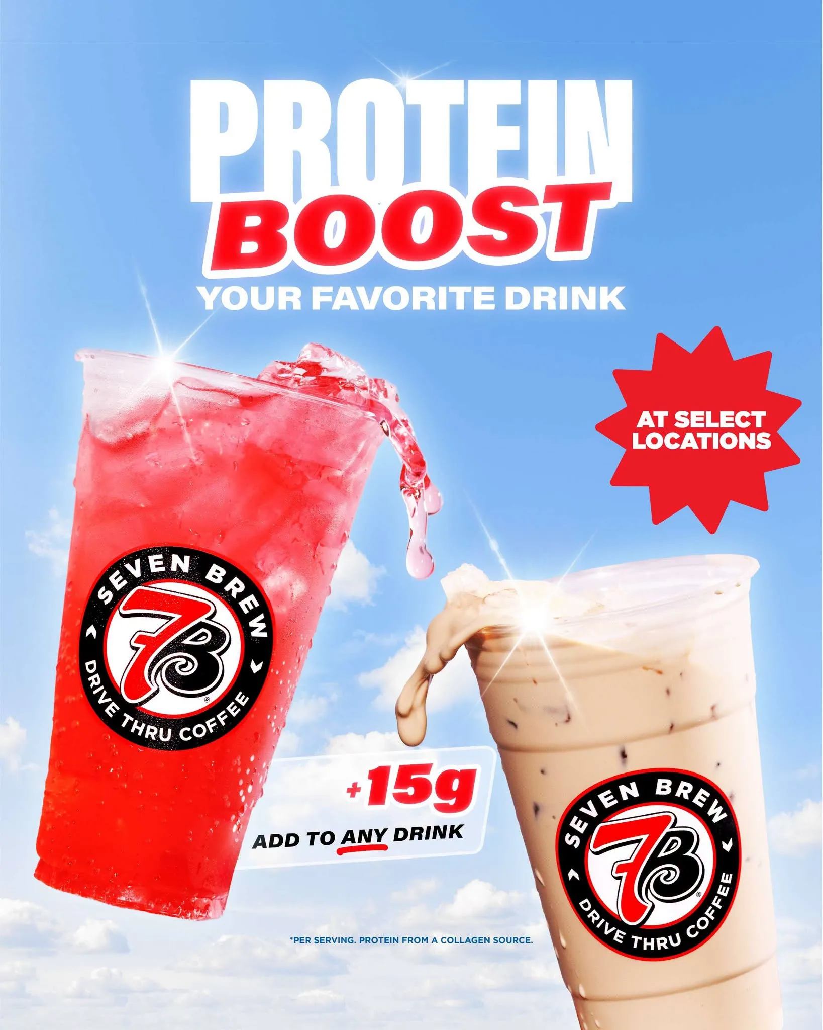 7 Brew Protein Boost liquid collagen add-in poured into a drink, adding 15 grams of protein for $2 per serving