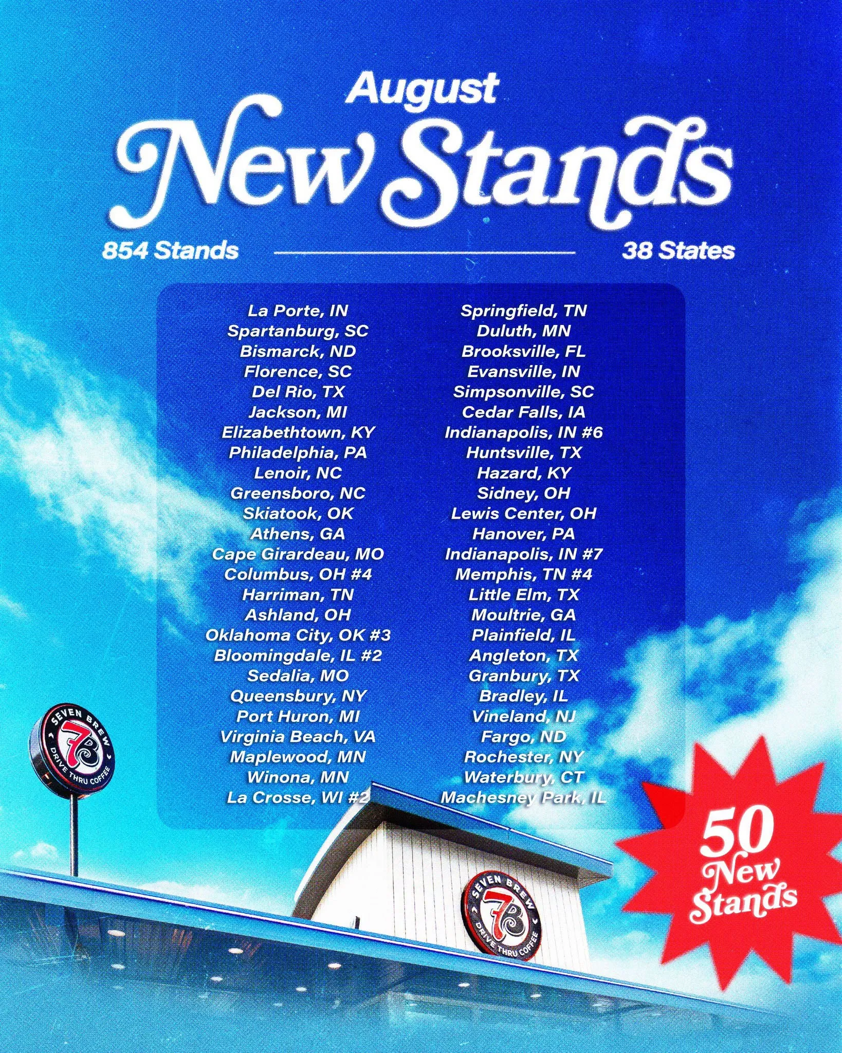 7 Brew August 2026 New Stands infographic showing 854 total stands across 38 states and 50 new locations opened in August