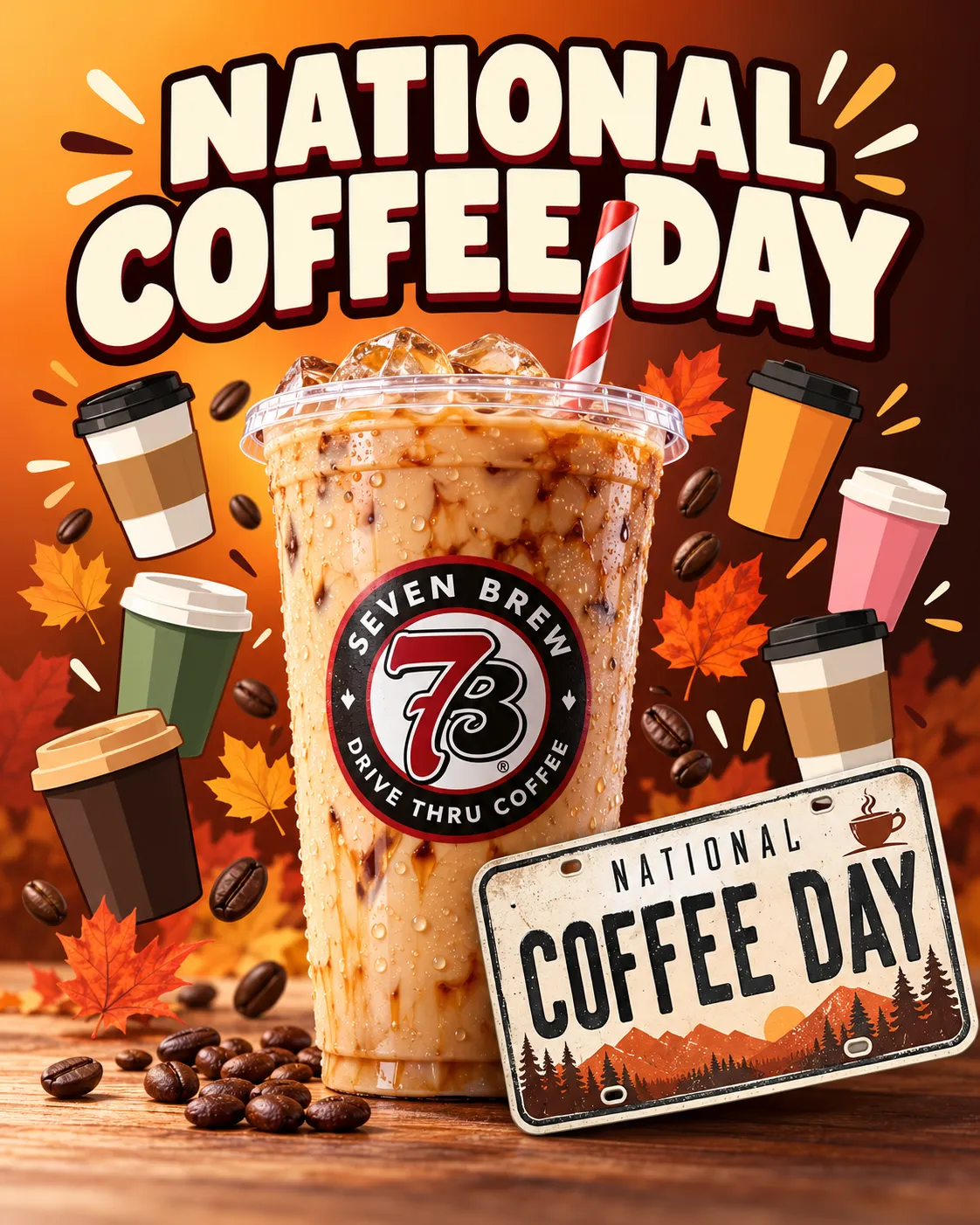 7 Brew Coffee National Coffee Day 2026 promo featuring a free limited-edition state license plate sticker with any drink purchase