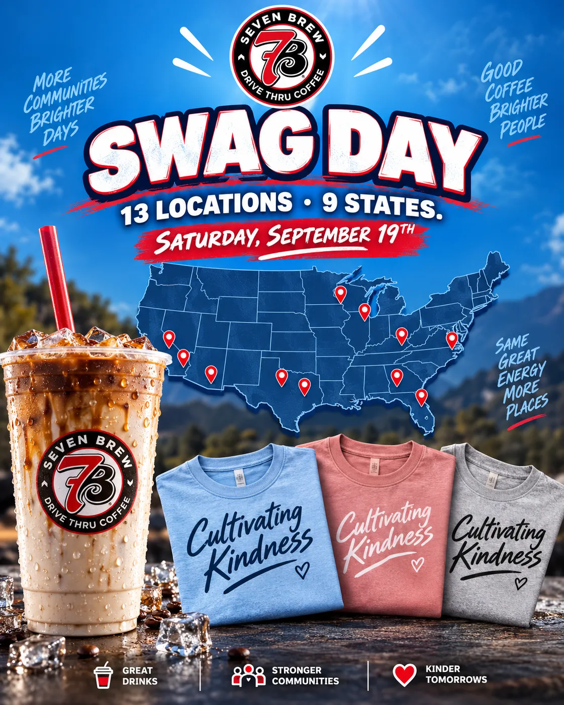 7 Brew Swag Day September 19 2026 promo graphic listing Pensacola FL, Tyler TX, Ocean Springs MS, Pleasanton TX, Toledo OH, Oklahoma City OK, Snyder TX, Wheeling WV, Queen Creek AZ, Lexington KY, Mary Esther FL, El Paso TX, and Oswego NY