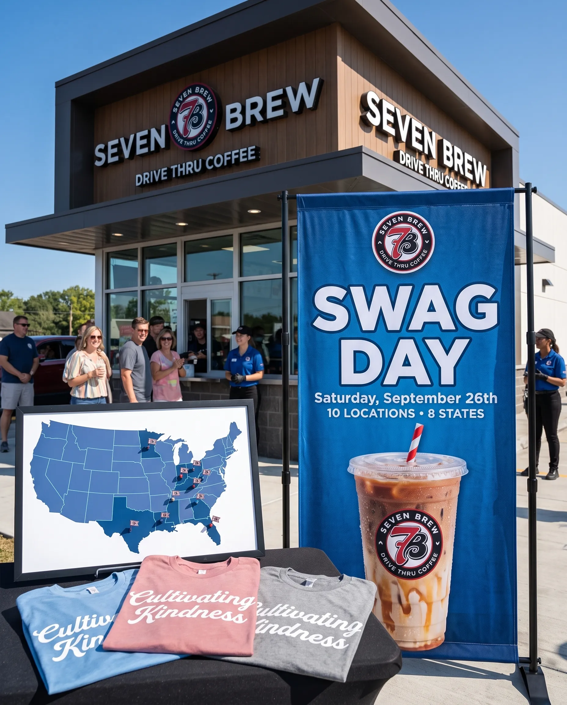 7 Brew Swag Day September 26 2026 promo graphic listing Seguin TX, Magee MS, Lafayette LA, Willmar MN, Lawrenceville GA, Holiday FL, Winter Haven FL, Aurora IN, Savannah GA, and Hendersonville NC
