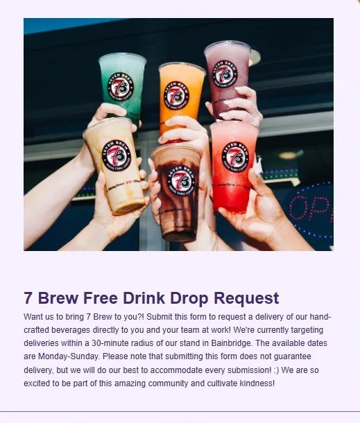 7 Brew Bainbridge free drink drop announcement for businesses, teams, schools, and community organizations in November 2026