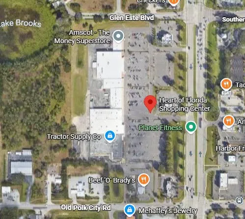 Satellite map of the Heart of Florida Shopping Center in Haines City, FL near Glen Este Blvd and US Highway 27 where a 7 Brew is coming soon