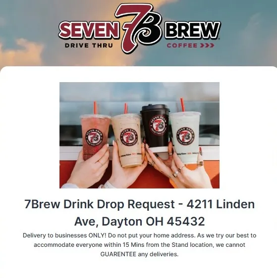 7 Brew Dayton OH free drink delivery announcement for 4211 Linden Avenue with 20,000 free drinks October 16-22, 2026