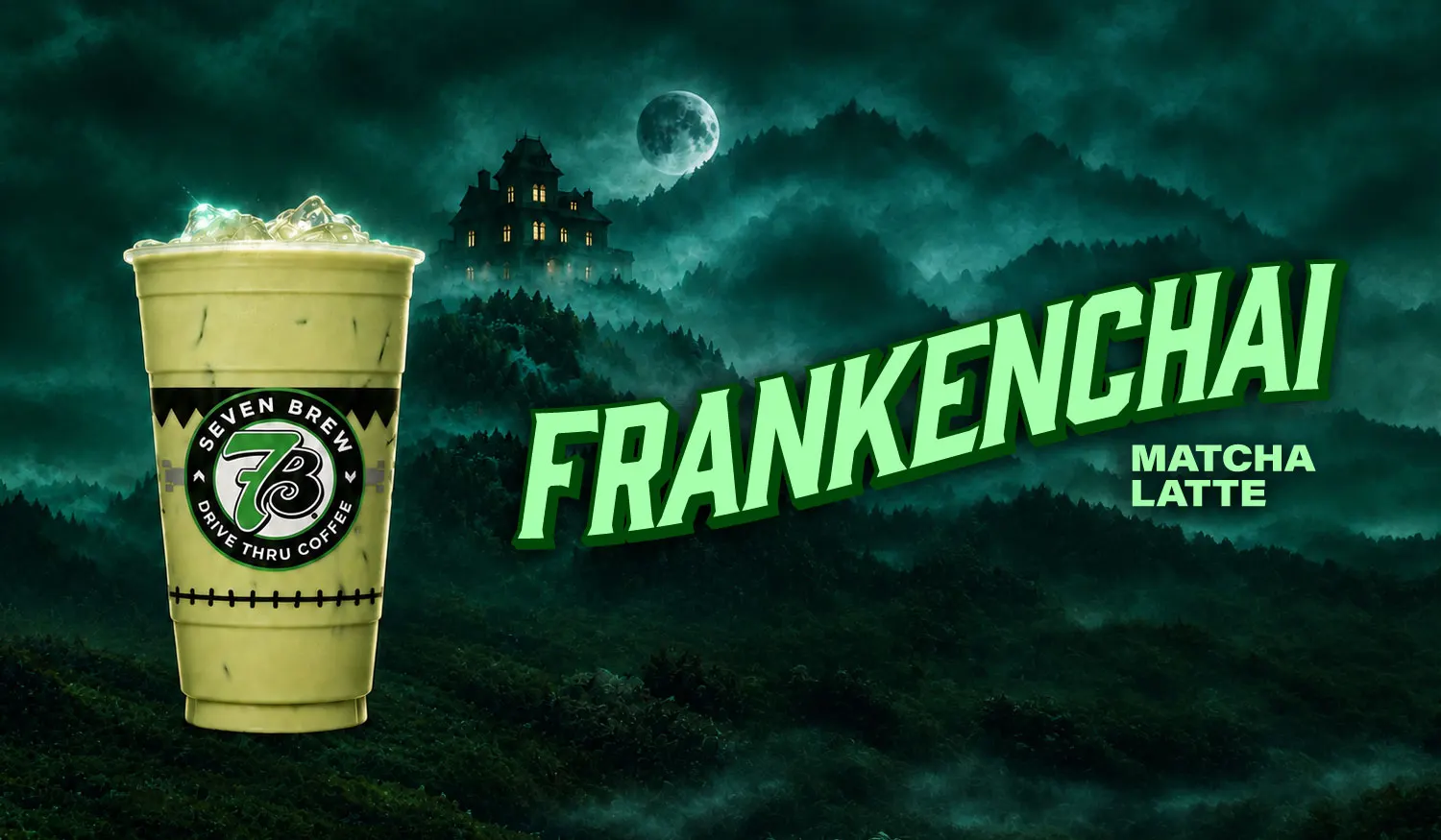 7 Brew Frankenchai Matcha Latte, an iced pumpkin chai and matcha drink for Halloween 2026