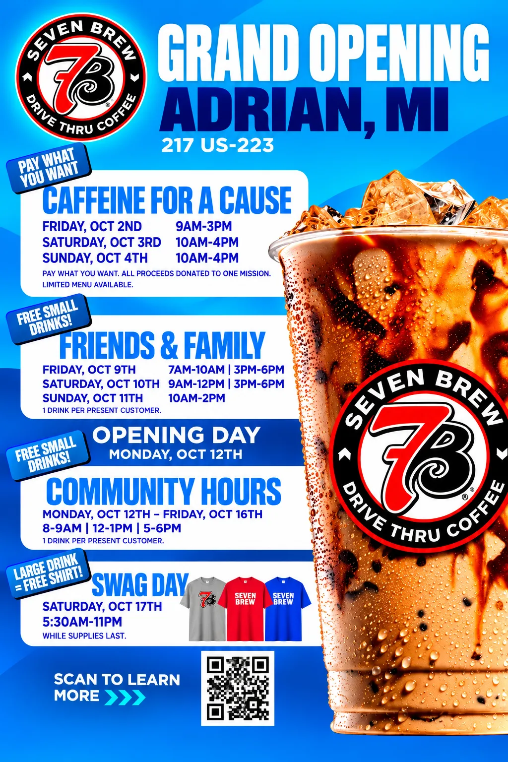 7 Brew Coffee grand opening flyer for 217 US-223, Adrian, Michigan, showing Caffeine for a Cause for One Mission, Friends and Family, Community Hours, and Swag Day