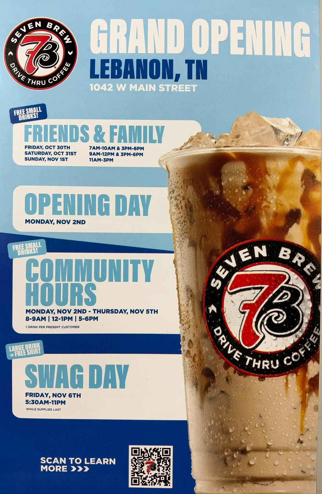 7 Brew official grand opening flyer for 1042 W Main Street, Lebanon, TN with Friends and Family, Community Hours, and Swag Day schedule