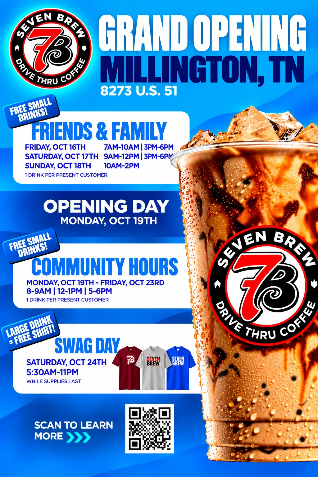 7 Brew official grand opening flyer for 8273 US-51, Millington, TN with Friends and Family, Community Hours, and Swag Day schedule