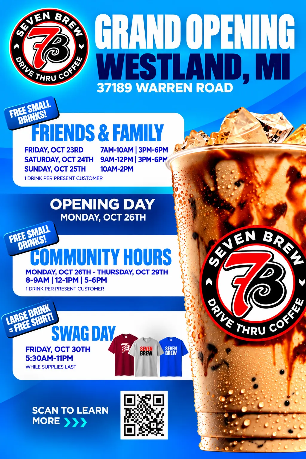 7 Brew official grand opening flyer for 37189 Warren Road, Westland, MI with Friends and Family, Community Hours, and Swag Day schedule