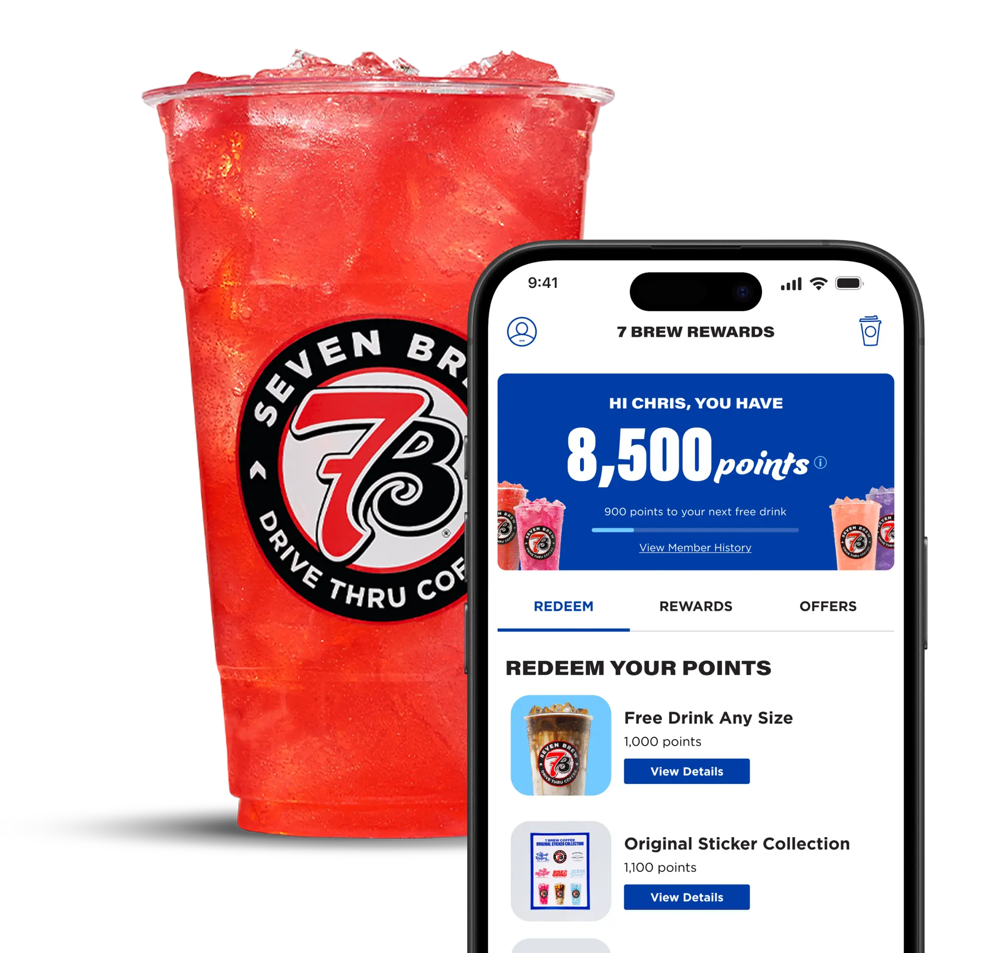 Redeeming a free drink with 7 Brew Rewards at the drive-thru