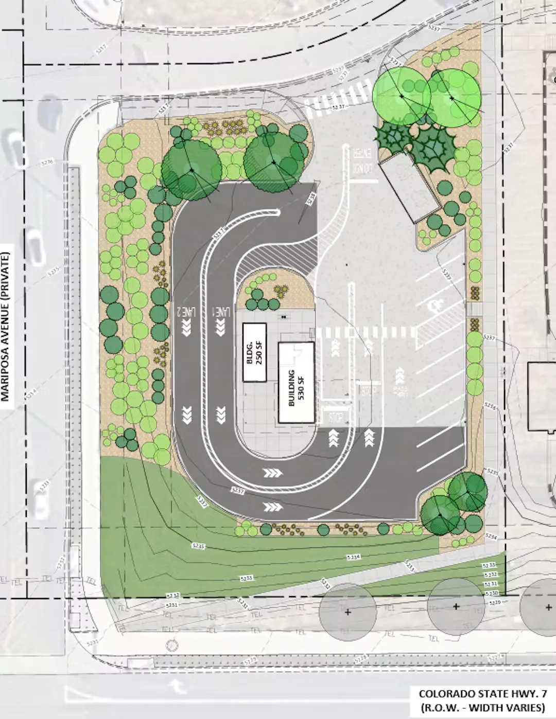 Site plan for the proposed 7 Brew drive-thru coffee shop at 1275 State Highway 7 in Broomfield, Colorado near Mariposa Street